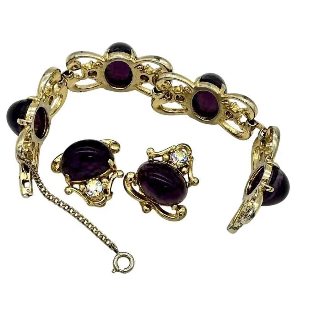 Schiaparelli Vintage Purple Cobachon Rare Bracelet and Earrings Set As Is - Picture 11 of 16